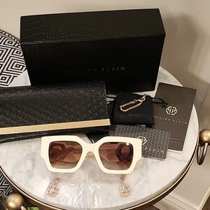 NWT Philipp Plein Cream Sunglasses with Brown Lenses
